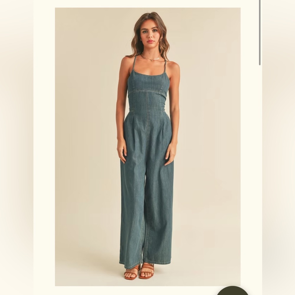 Backless Washed Denim Jumpsuit in Blue - Picture 3 of 6